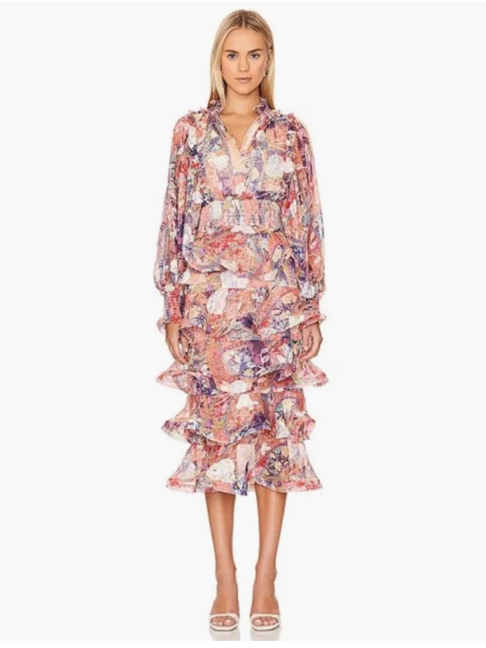 Elliatt Pink Floral Ruffle Tiered Midi Dress sz M - Picture 5 of 9